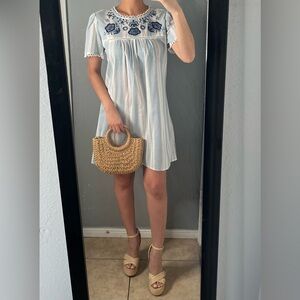 Blue striped Embroidered cotton Babydoll Mini Dress sz S- euro summer, vacation